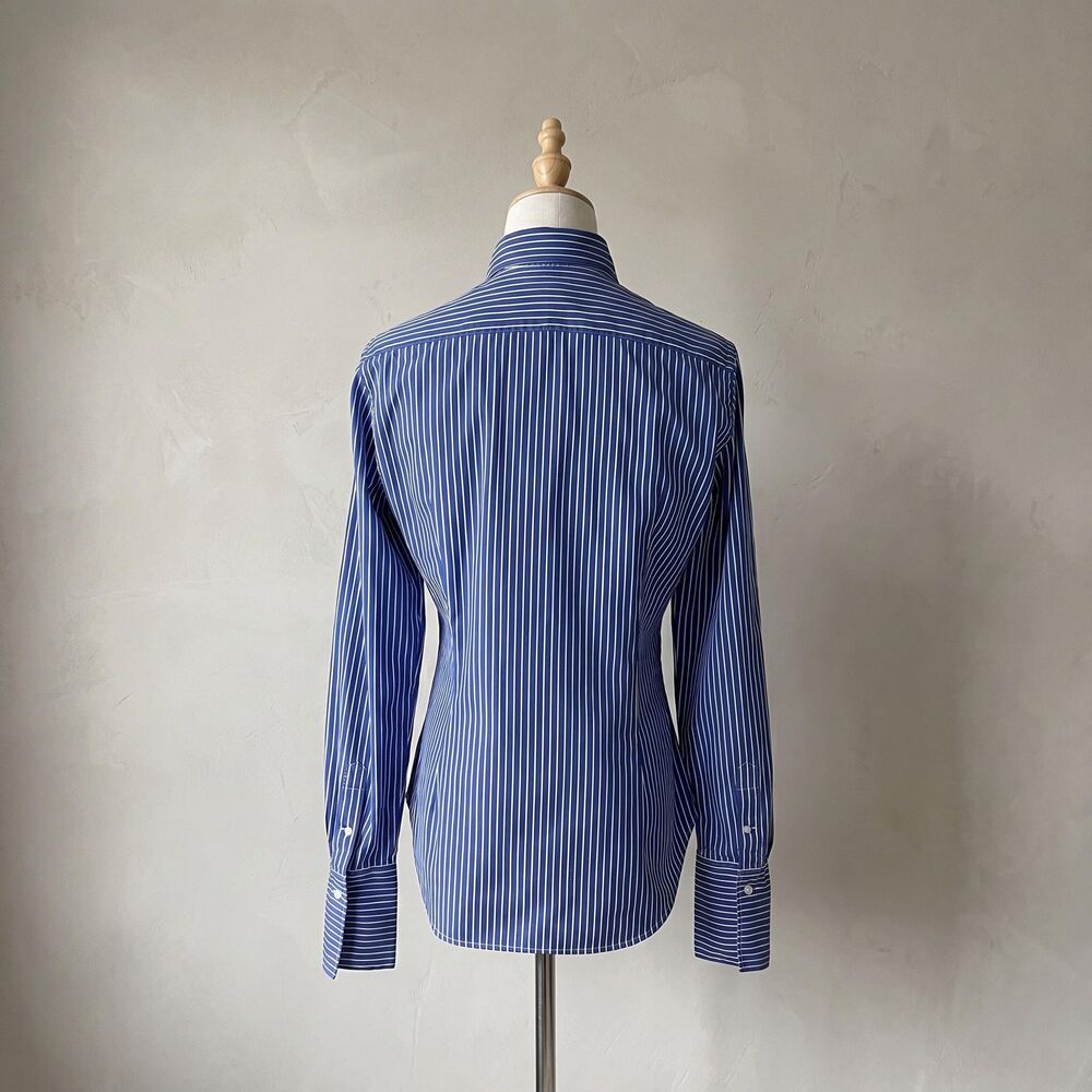 Ralph Lauren Blue Label Ruffle Button Down Shirt Admiral Blue Stripe | 10 - Picture 3 of 4
